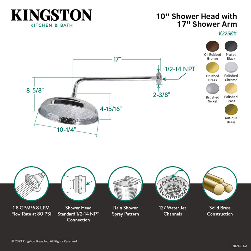 Pomme de douche à jet de pluie ronde de 10 po avec bras de douche de 17 po Kingston, Bronze frotté à l'huile