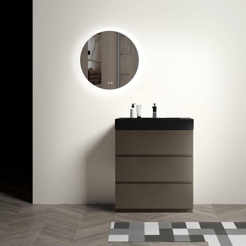 Meuble-lavabo de 30 po - fonctionnement silencieux gris moderne, grand rangement, lavabo noir avec grand rangement et conception sans poignée