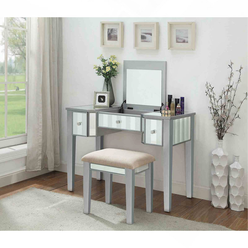 Transitional Style 1Pc Vanity W/ Stool Set Core Design Storage Drawers Central Mirror Padded Stool Silver Finish Bedroom Furniture