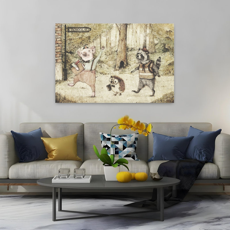 First Day In School Whimsical Abstract Contemporary Animal Forest Wall Art Print by Mike Koubou - Wrapped Canvas Print