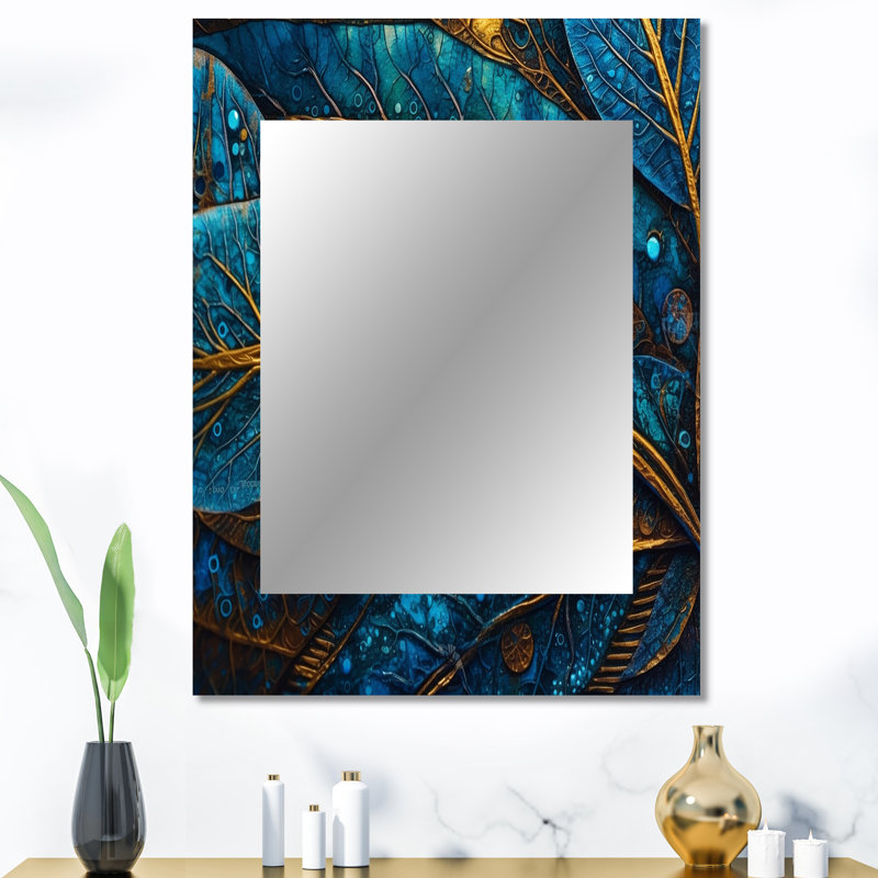 Blue And Gold Melodies Of Boho I - Boho Feather Wall Mirror, Traditional Decorative Mirror, Printed Metal Art, 40" x 30"