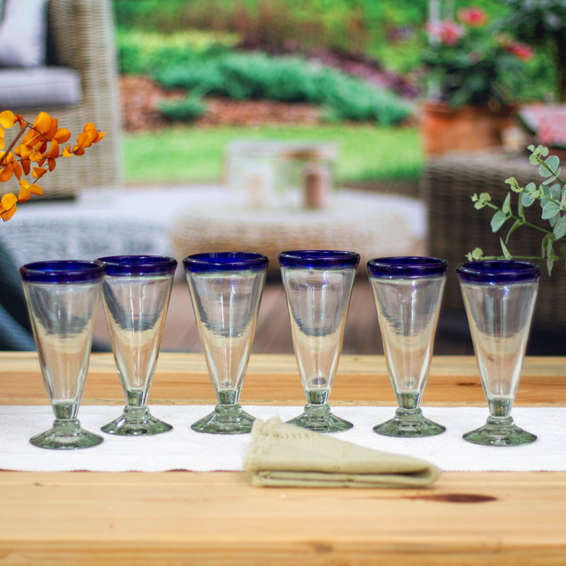Ensemble de 6 verres à bière à jante bleue soufflés à la main