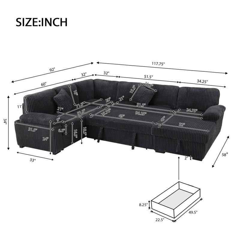 4 Piece Upholstered Corduroy  U-Shape Sectional Sleeper Sofa Bed(Pull Out Style) With Storage Space