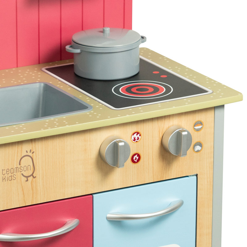 Teamson Kids Little Chef Porto Classic Interactive Wooden Play Kitchen, Wood/Red