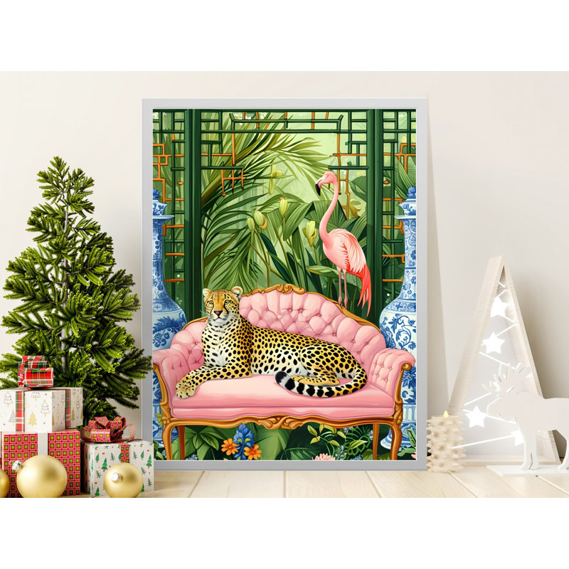 Tropical Wall Art, Leopard on Sofa, Flamingo Print, Botanical Decor, Framed Art, Multiple Sizes, Home Decor
