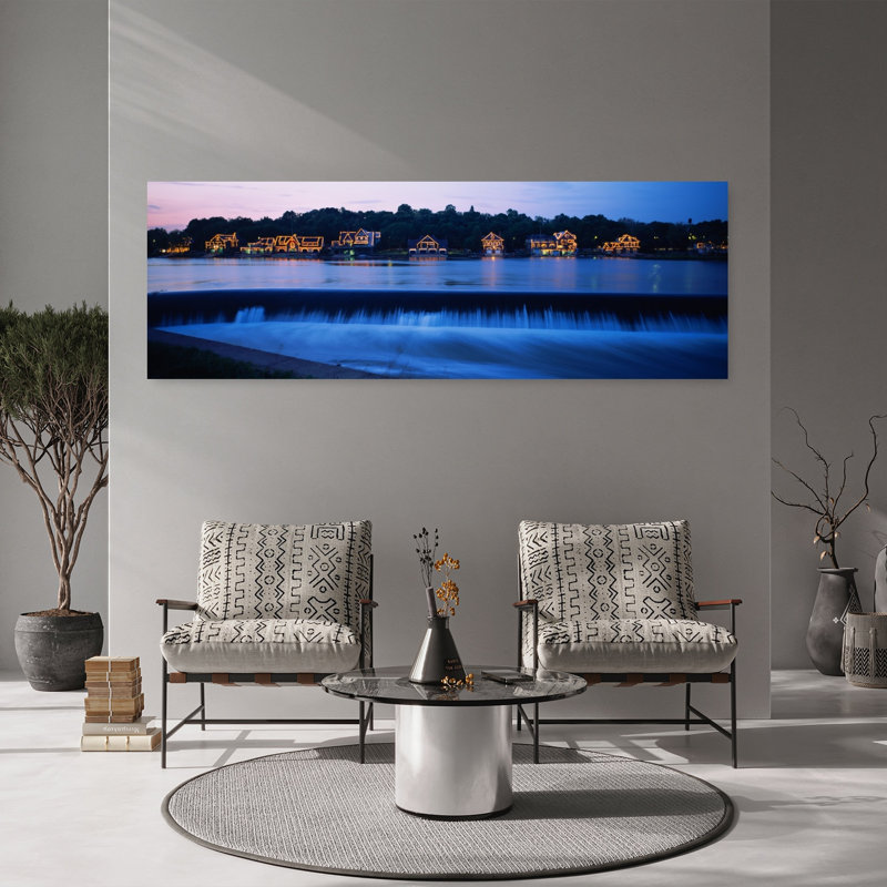 Boathouse Row lit up at dusk Philadelphia Pennsylvania USA 1 Piece Wrapped Canvas Panoramic Wall Art, 50.8 cm H x 152.4 cm W