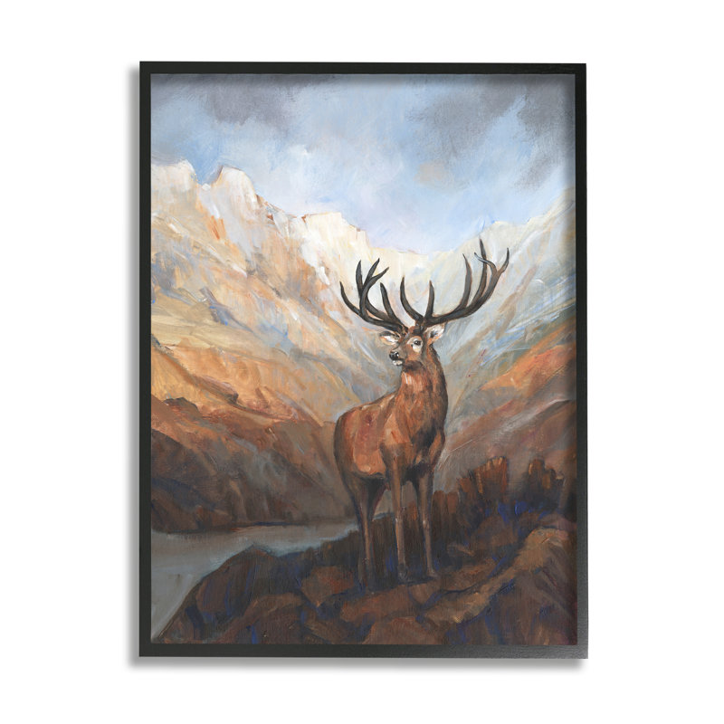 Chevreuil sauvage à couper le souffle vue sur la montagne - Peinture, Giclée encadrée noir minuit