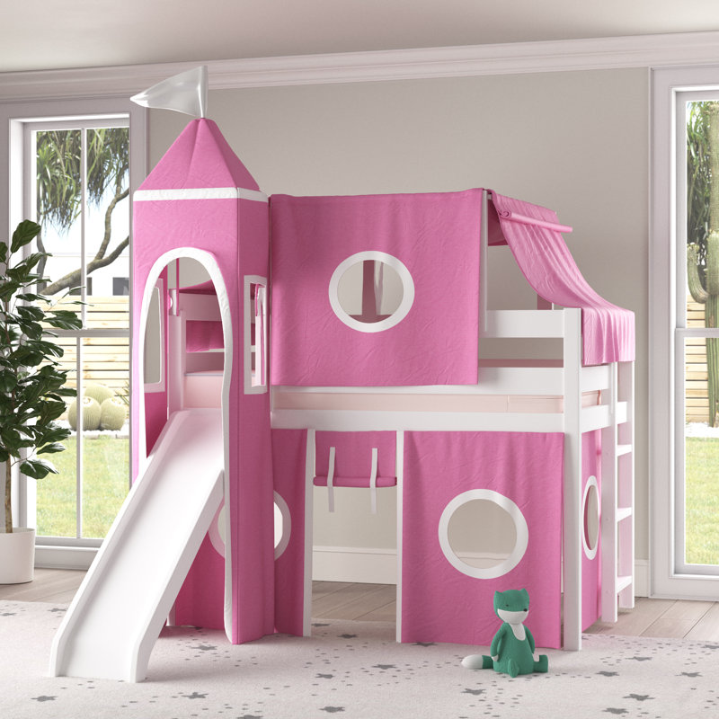 Johannes Solid Wood Twin Low Loft Bed with Ladder Slide Tent and Tower, Gray, Pink/White
