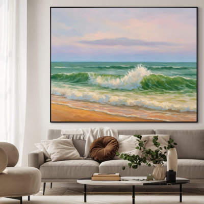 Extra Large Wall Art Fabric Print - Ocean Wave Serene Coastal Seascape with Soft Sunset Sky for Beach House or Artwork Decor for Living Room or Bedroom - "Frame Assembly Required (Unfinished Frame)"