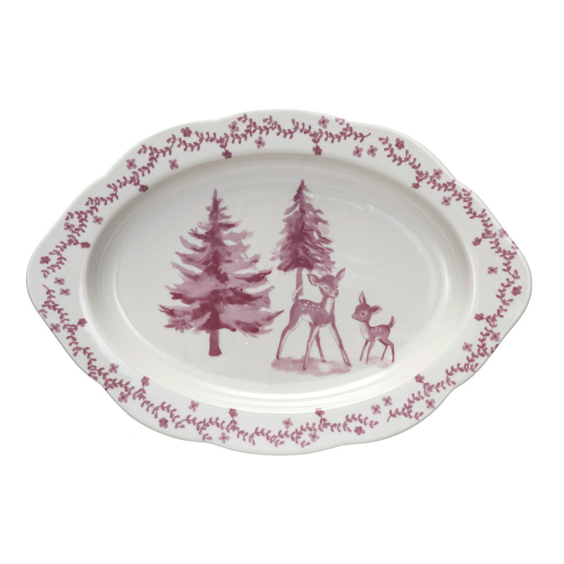 Stoneware Platter With Deer And Trees