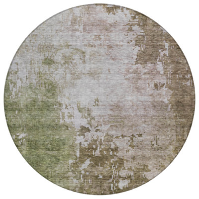 Tapis d'intérieur rond lavable abstrait brun et vert 8 pi