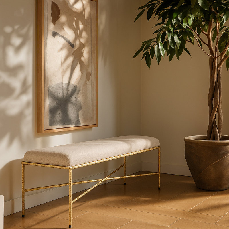 Banc en tissu Iyania Chenille, Tissu chenille beige, Doré
