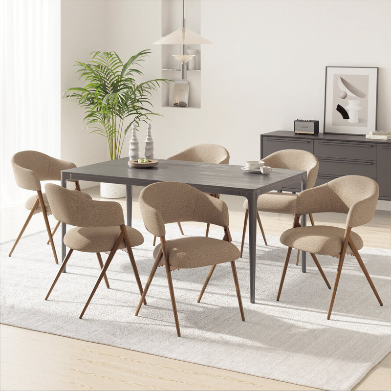 Modern Upholstered Dining Chair with Curved Backrest and Wood-Look Metal Legs, Ergonomic Design and Thick Cushion, Taupe