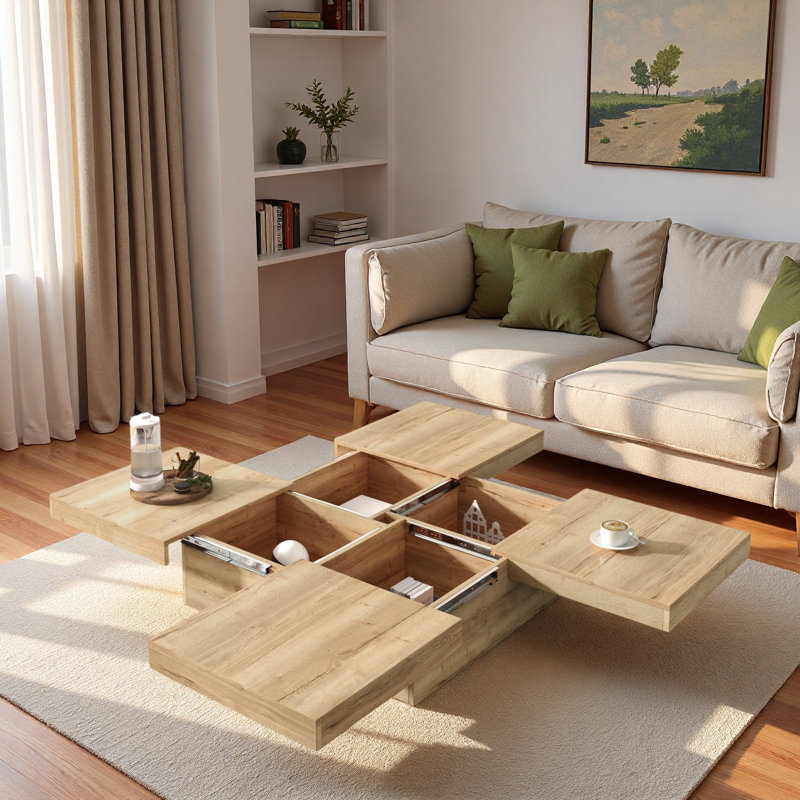 Table basse carrée en placage avec plateau coulissant et beaucoup de rangement