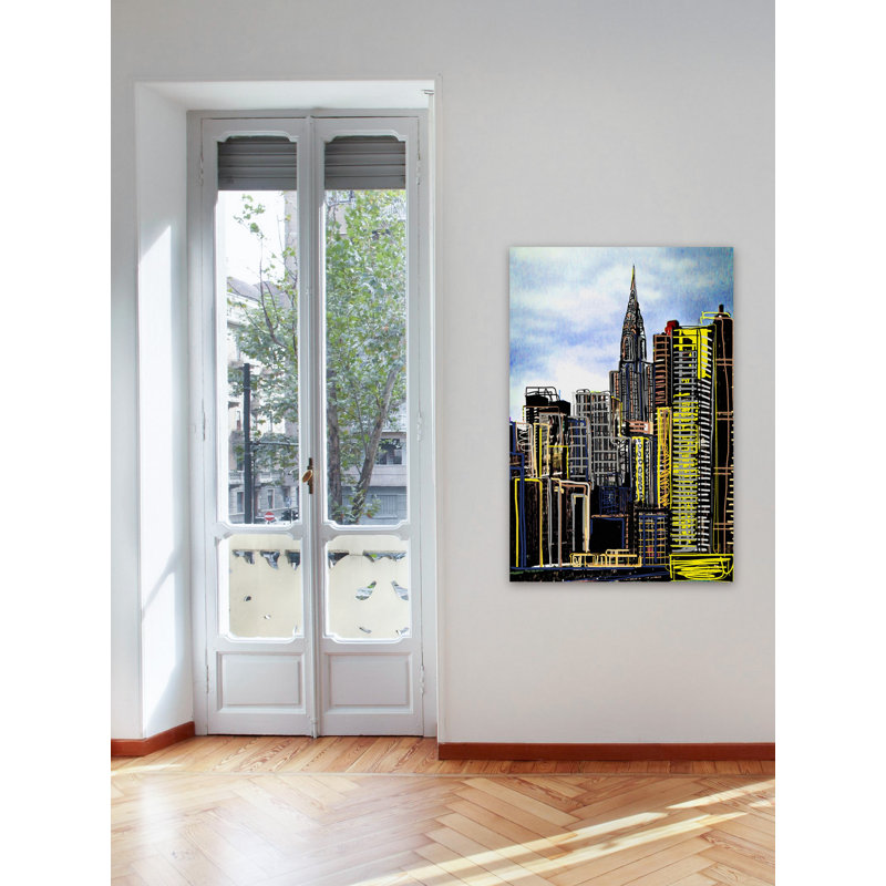 Urban Skyline Nightscape Canvas Print in Blue and Yellow