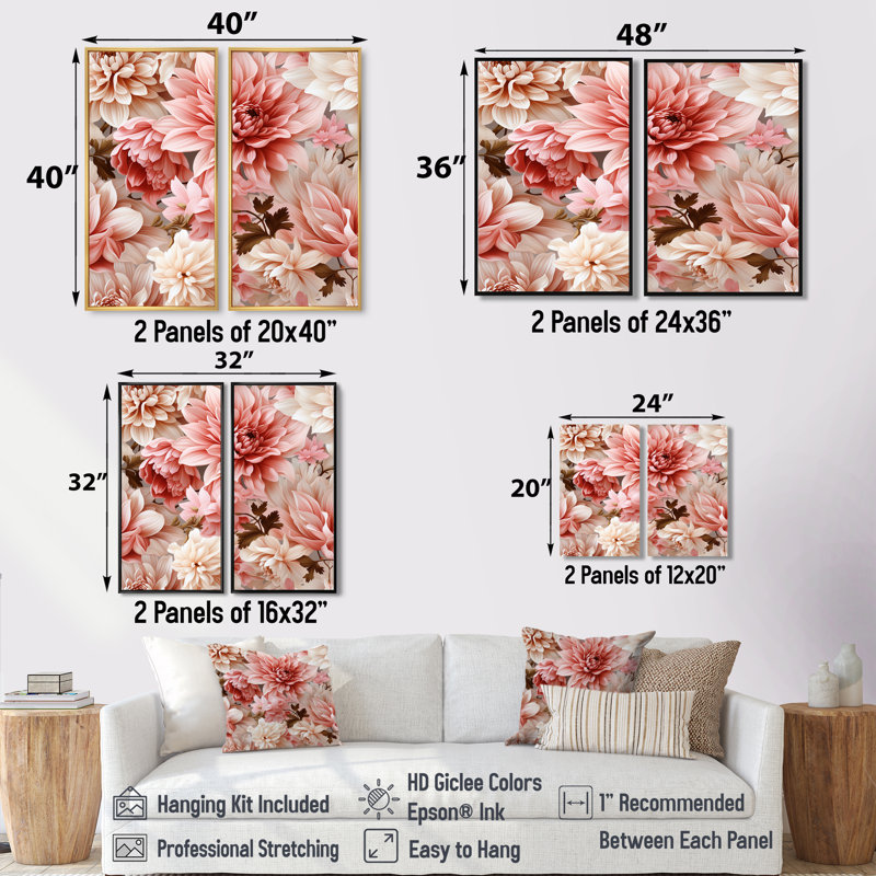 Œillets roses et blancs épanouis - 2 pièces murales roses, 20" H x 24" W, Impression encadrée flottante, Gold