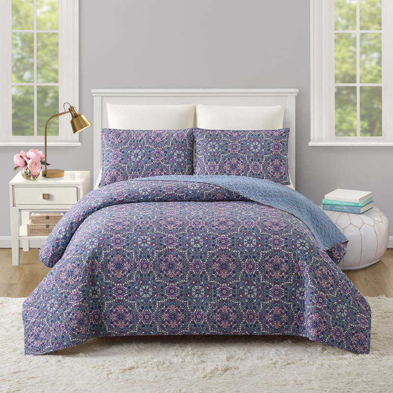 Ensemble de courtepointe réversible 100% coton lavande, Courtepointe pour lit double/grand et 2 taies déc