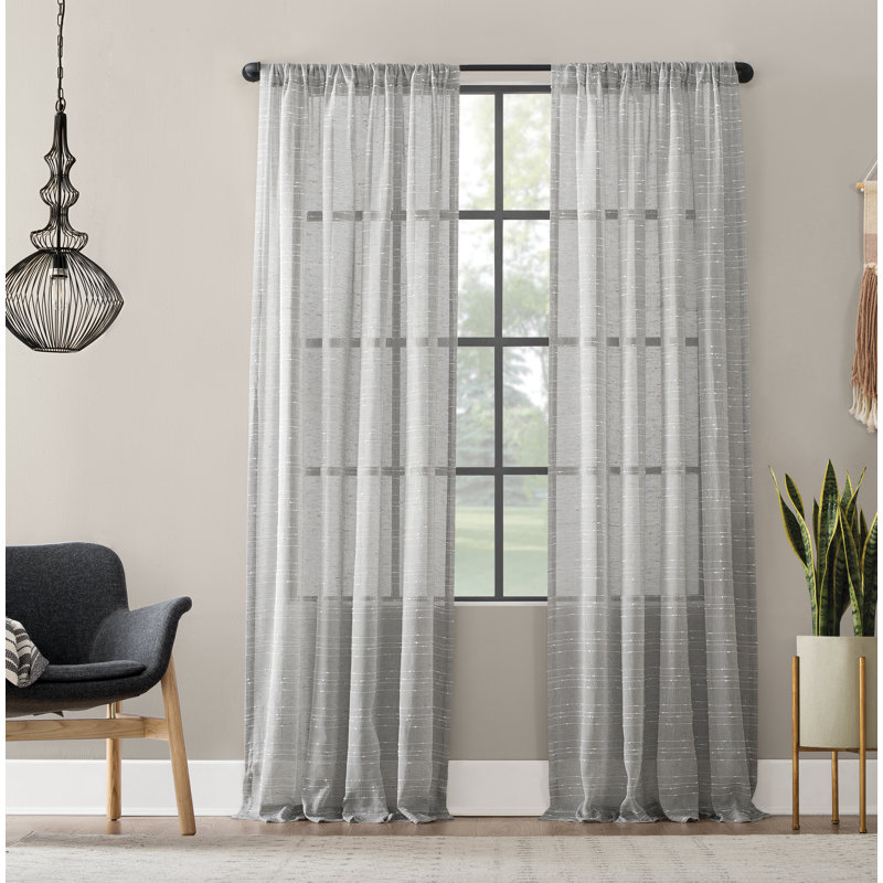 Gray Sheer Linen Blend Rod Pocket Curtain Panel