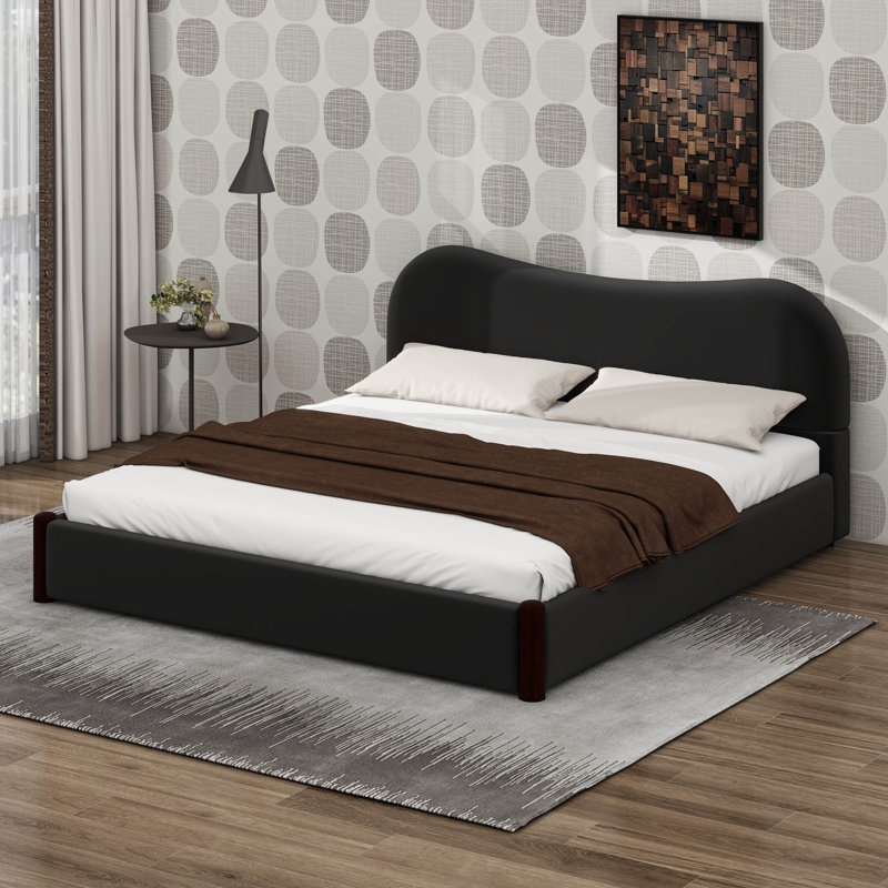 Lit plateforme tapissier avec tête de lit courbée, cadre de lit plateforme en bois moderne, Très grand lit, Noir