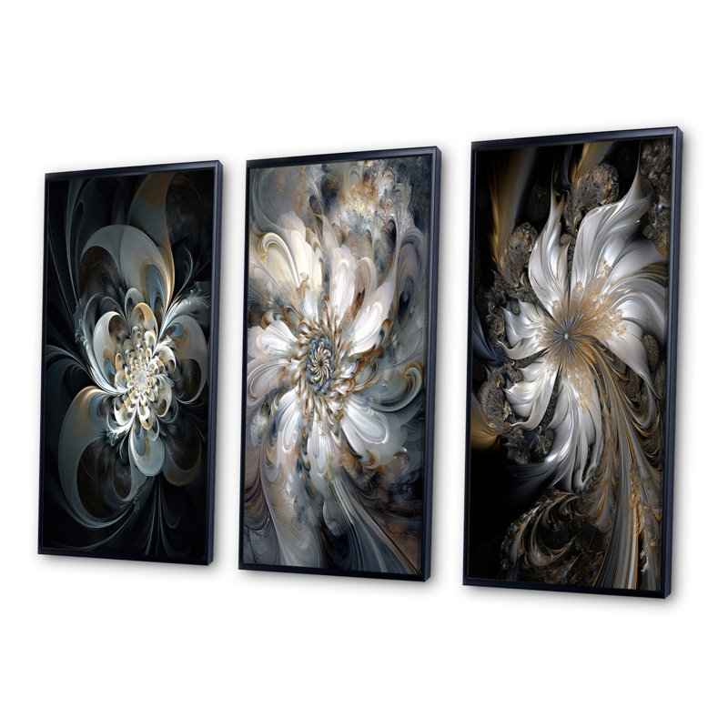 «Blossoming White Fractal Flower II», 3 pièces sur toile, Cadre flottant noir, H 20 po x l 36 po