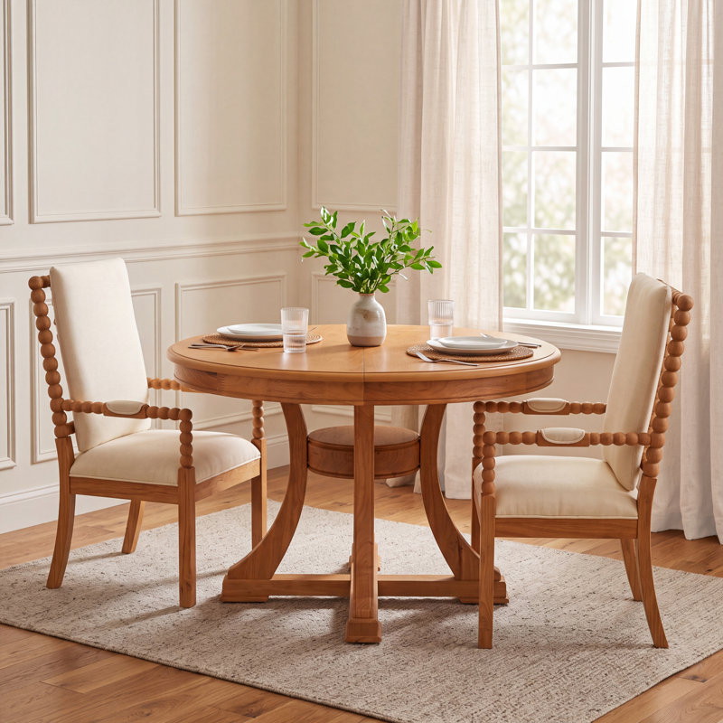 Ensemble de salle à manger extensible 3 pièces avec fauteuils à canette Alvares, Bois naturel
