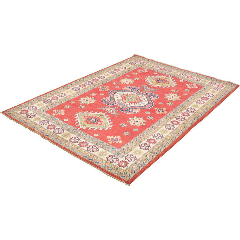 Tapis unique en laine noué à la main rouge Gazni des années 2010 de 6 pi 11 po x 9 pi 8 po Qaiden