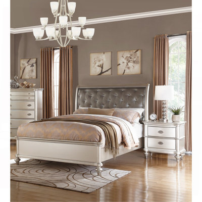 Ensemble de chambre à coucher 3 pièces en similicuir argenté avec très grand lit californien