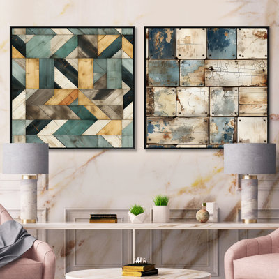 Planche cubique jaune et bleu rustique - Ensemble de 2 collages abstraits carrés