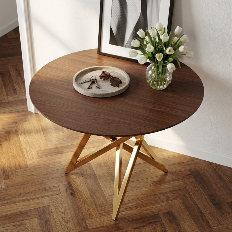 Compact Round Dining Table with Metal Legs, Walnut, Gold