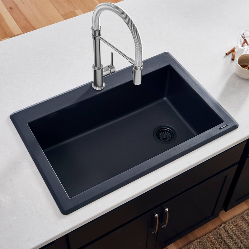 Ruvati 33 x 22 inch epiGranite Drop-in Topmount Granite Composite Quartz Single Bowl Kitchen Sink, Midnight Black