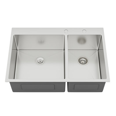 Évier de cuisine à double cuve (60/40) encastré - 33 po x 22 po x 10 po en acier inoxydable de calibre 16 avec deux cuves profondes de 10 po