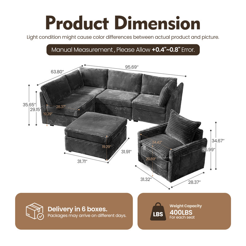 Ensemble de canapé modulaire en L 6 pièces en velours côtelé moelleux avec fauteuil pivotant et repose-pieds Hogle, Gris