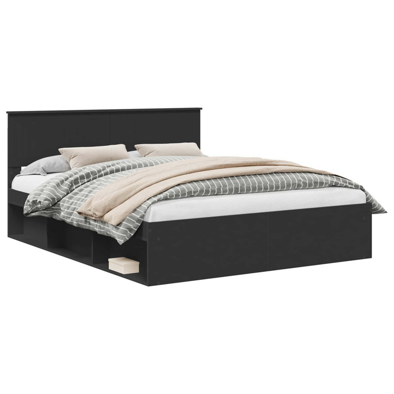 Solid Wood Bed, Black, European Kingsize (160 x 200 cm)