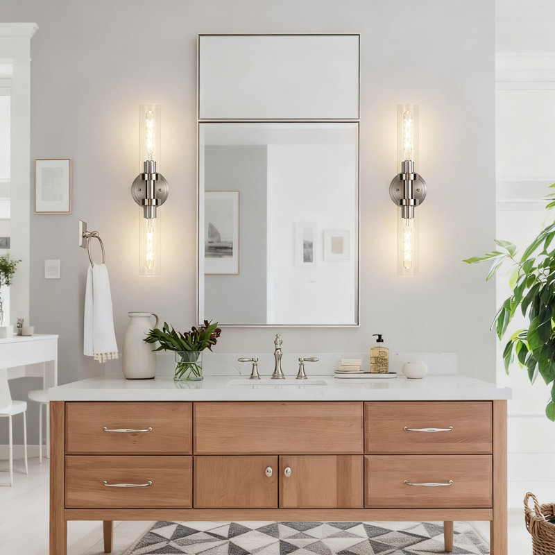 Modern Brushed Nickel 2-Light Bathroom Vanity Fixture With Clear Glass Shade, Adjustable Wall Mount Sconce For Mirror, Hallway, And Kitchen Lighting