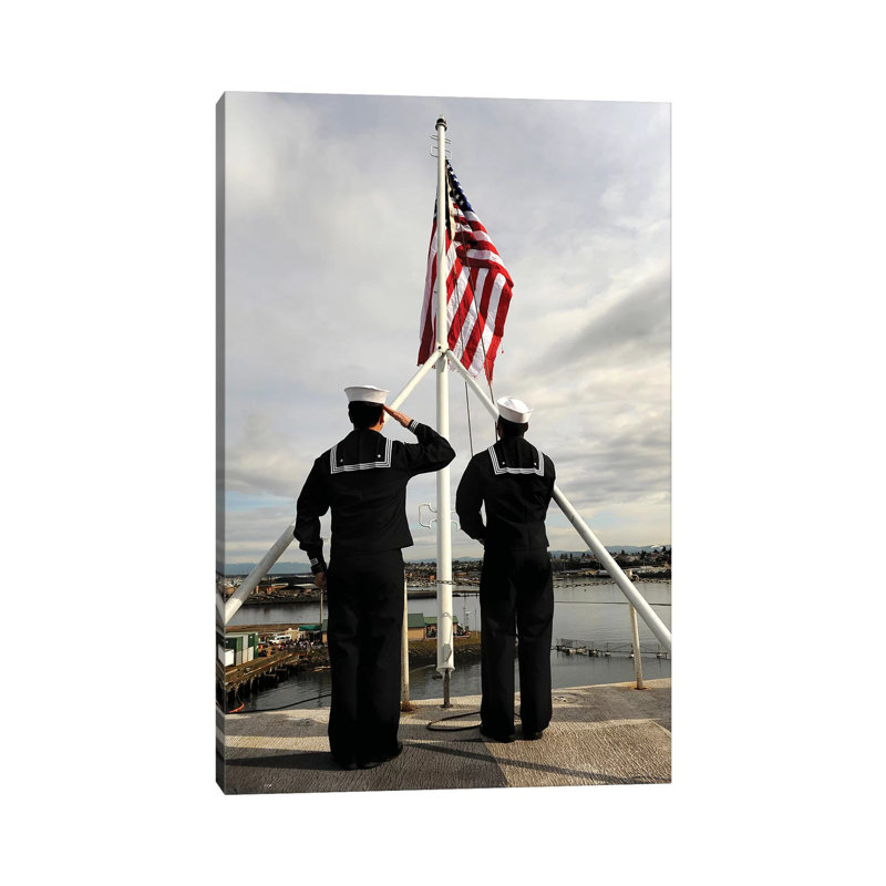 Sailors Raise The National Ensign Aboard USS Abraham Lincoln - Wrapped Canvas Print, 101.6 cm H x 66.04 cm W x 1.91 cm D