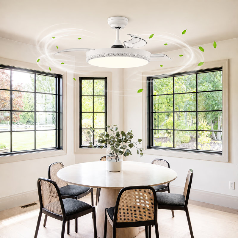 Ventilateur de plafond de chambre à coucher de 44 po avec lumière, pales rétractables à haut débit d'air, moteur à courant continu réversible à faible bruit et 6 vitesses, 3 CCT et DEL à intensité variable