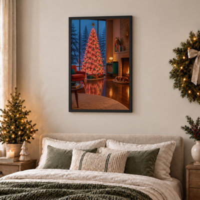 Arbre rose dans un salon douillet avec fenêtre enneigée, art mural sur toile de Noël