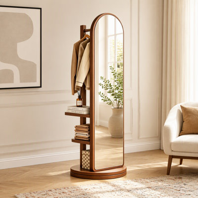 65in 360° Swivel Full Length Mirror, Rotating Standing Floor Mirror with Coat Rack & Storage Shelves, Freestanding Arched Dressing Mirror for Entryway Living Room