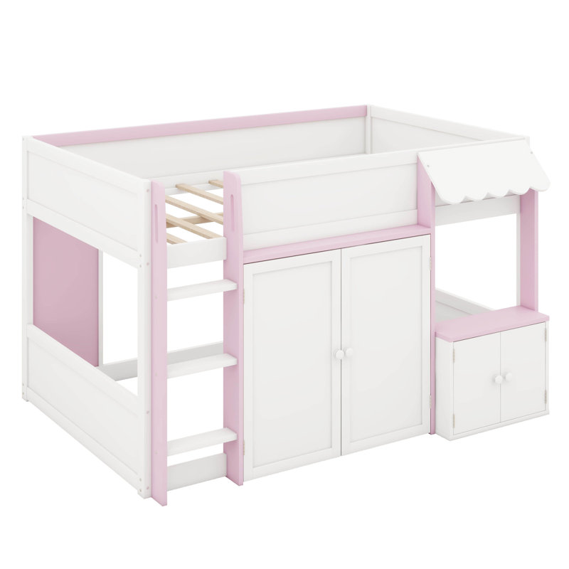 Lit mezzanine double avec maisonnette et rangement, lit mezzanine bas avec garde-corps et échelle pour enfants adolescents