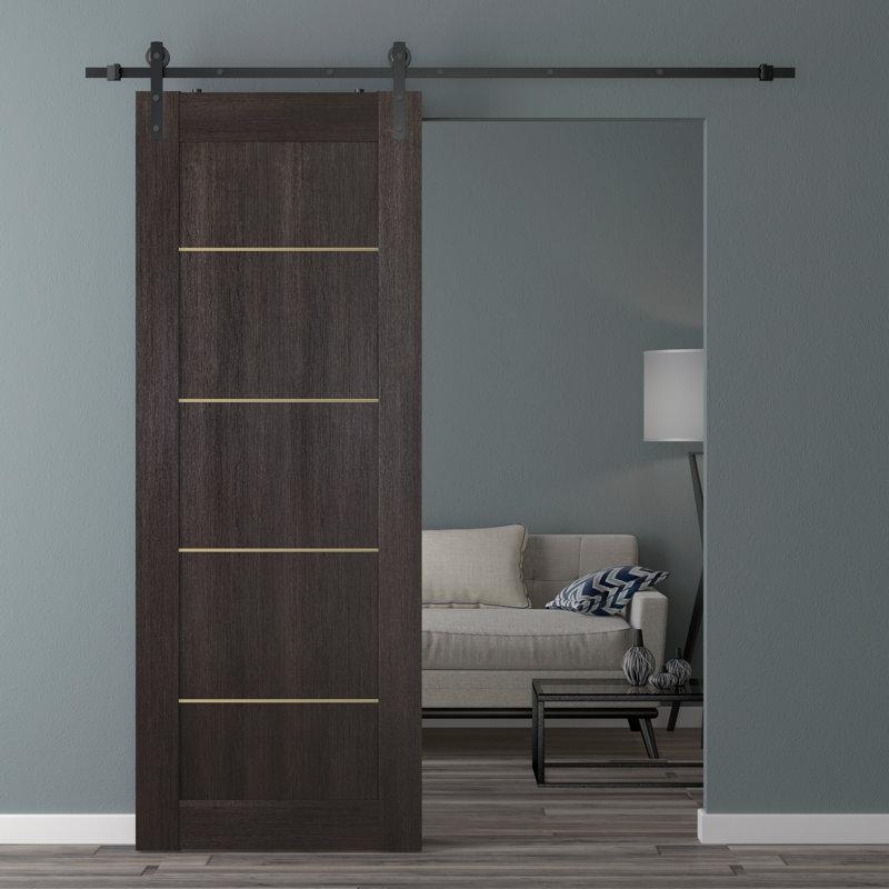 Paneled Wood and Metal Prefinished Avon Barn Door with Installation Hardware Kit, 29.75" x 79.37", Veralinga Oak