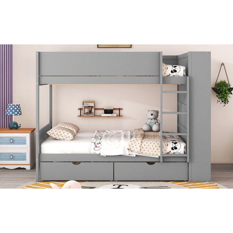 Lit superposé double au-dessus de double avec 2 tiroirs et armoire multicouche, gris, Gris