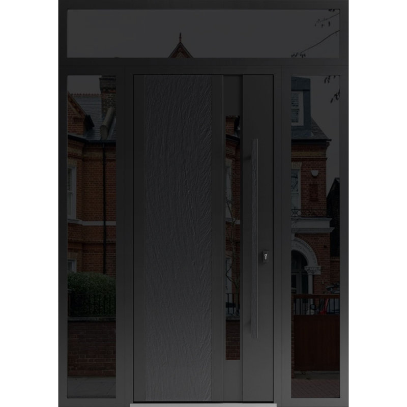 Façade avant en acier pré-suspendue / Dekton 0163 Ardesia Nero / 2 fenêtres extérieures latérales et supérieures Sidelite / Entrée en métal peint moderne l 14 + 36 + 14 po x H 80 + 16 po à gauche