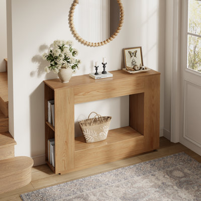 Console Adryell en bois massif avec tablette de rangement latérale, table d'entrée en bois de cèdre avec rangement ouvert