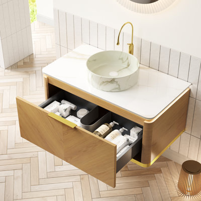 36" Floating Bathroom Vanity Featuring 14 Inch Stone Pattern White Ceramic Vessel Basin, Sintered Counter, Plywood Cabinet And Sensor - Controlled Led Drawer Boasting Basin With Pattern, Surface,