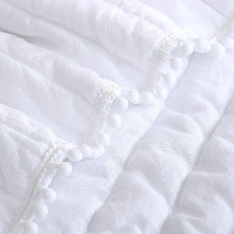 Washed Microfiber Channel Stitch Pom Pom Quilt Set, Queen Quilt + 2 Standard Shams, White