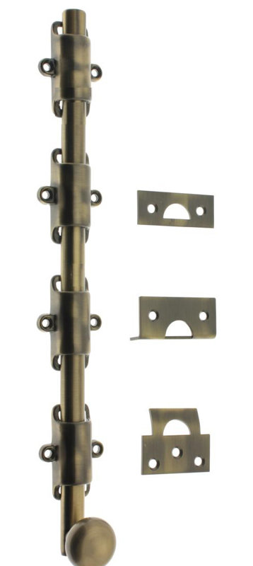 Solid Brass 24" Heavy Duty Surface Bolt, Antique Brass