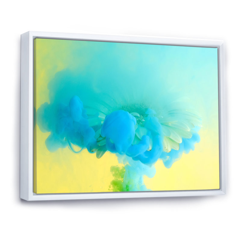 «Turquoise Ink Art on Yellow», impression sur toile, H 24 po x l 32 po, Toile à cadre flottant blanc