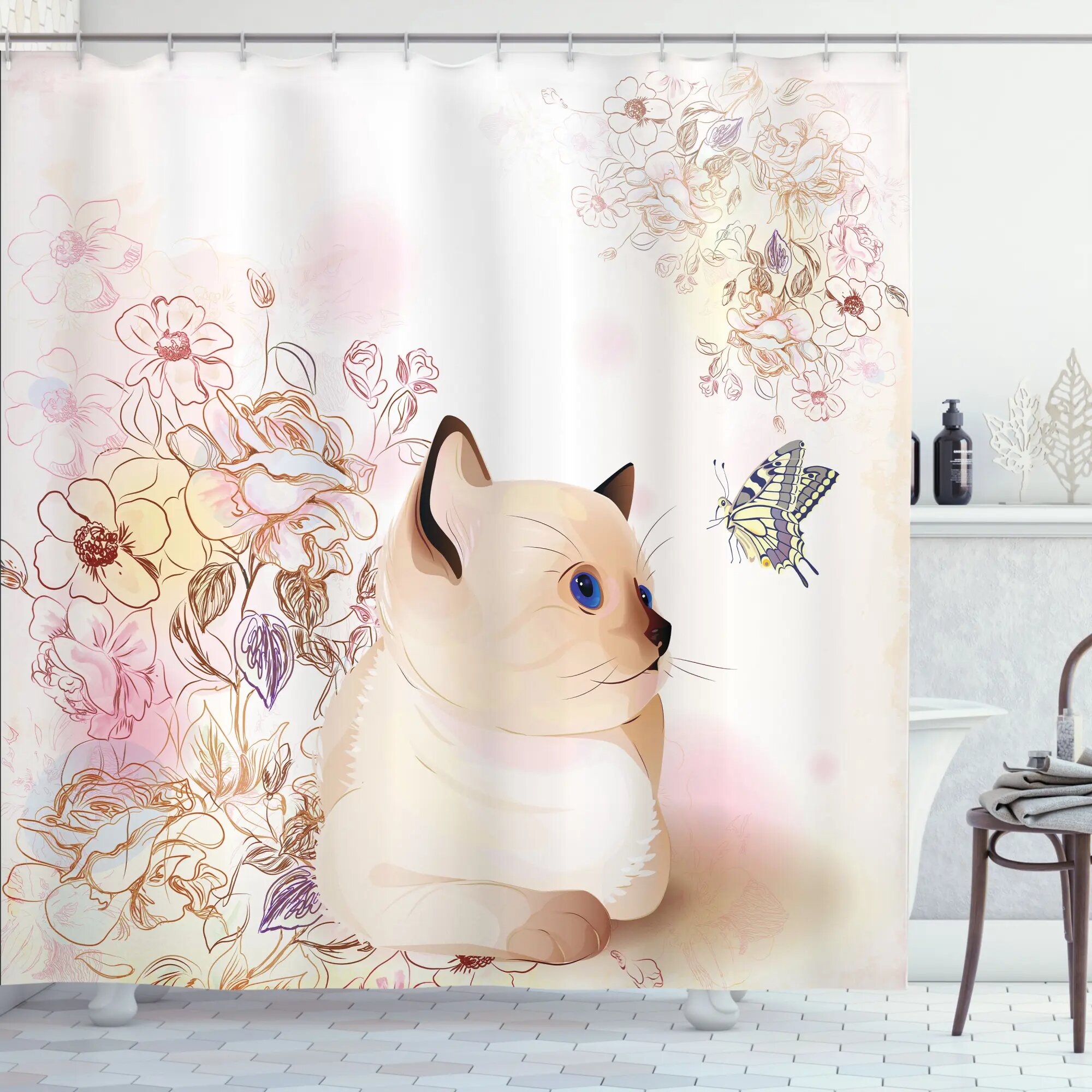 Cute Pink Hello Kitty Shower Curtain Waterproof Bathroom Decor with 10 Hooks