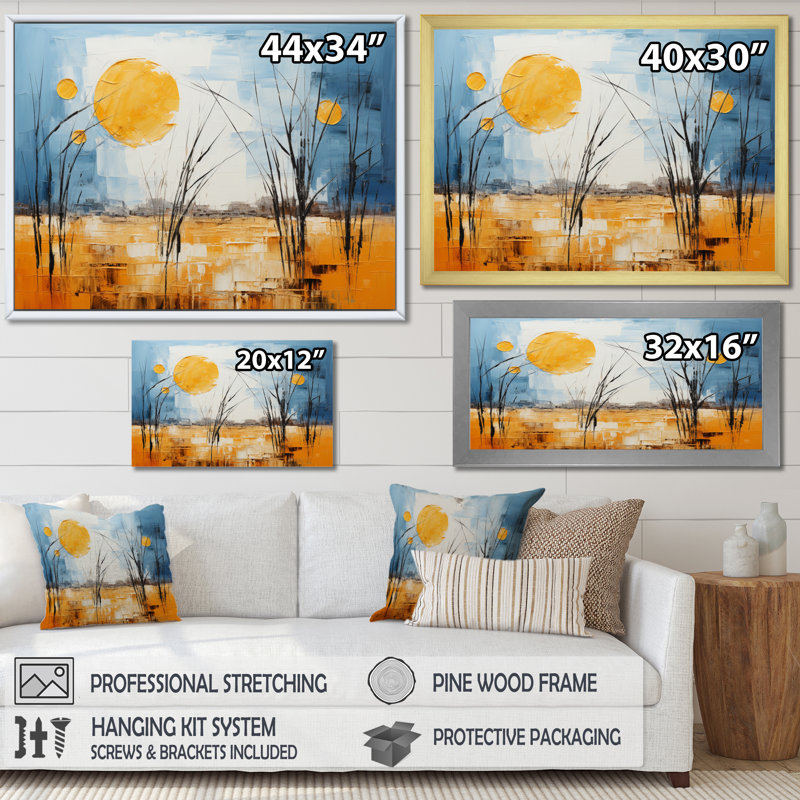 Jaune, bleu, prairies, or et ciel, sur toile, Cadre flottant doré, H 16 po x l 32 po x P 1 po