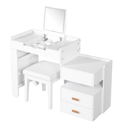 31 Vanity Desk In White With Flip-Top Mirror, Adjustable 3 Colors Led Lighting, And Comfortable Stool Base - Stability Makeup Design, Retractable Side Compartment Storage A Smart Choice